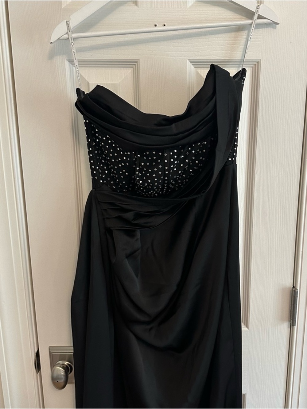 Miss Circle Holly Black Crystallized Corset High Slit Satin Gown - Picture 6 of 13